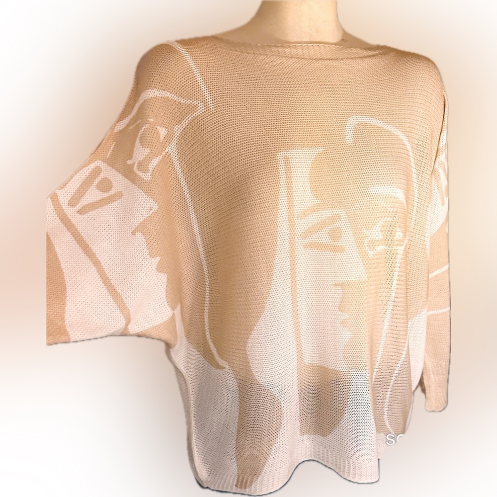 Centouno Italy Abstract Faces Knit Poncho Sweater Beige Oversized  One Size
